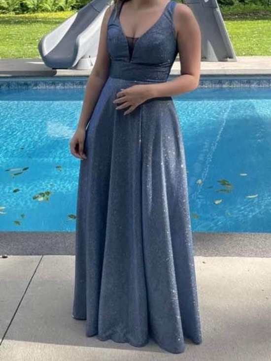 Dresses & Skirts - Sleeveless Sparkle V-Neck Evening Gown - Blue